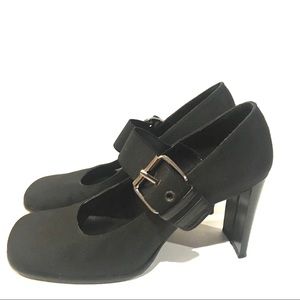 Nina Black Buckle Block Heels